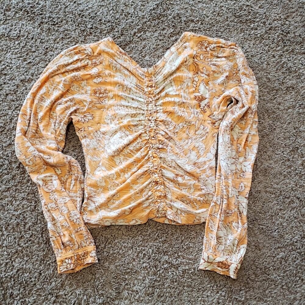 Free People say the word cropped top ruched long sleeve vneck orange XS - Picture 4 of 5
